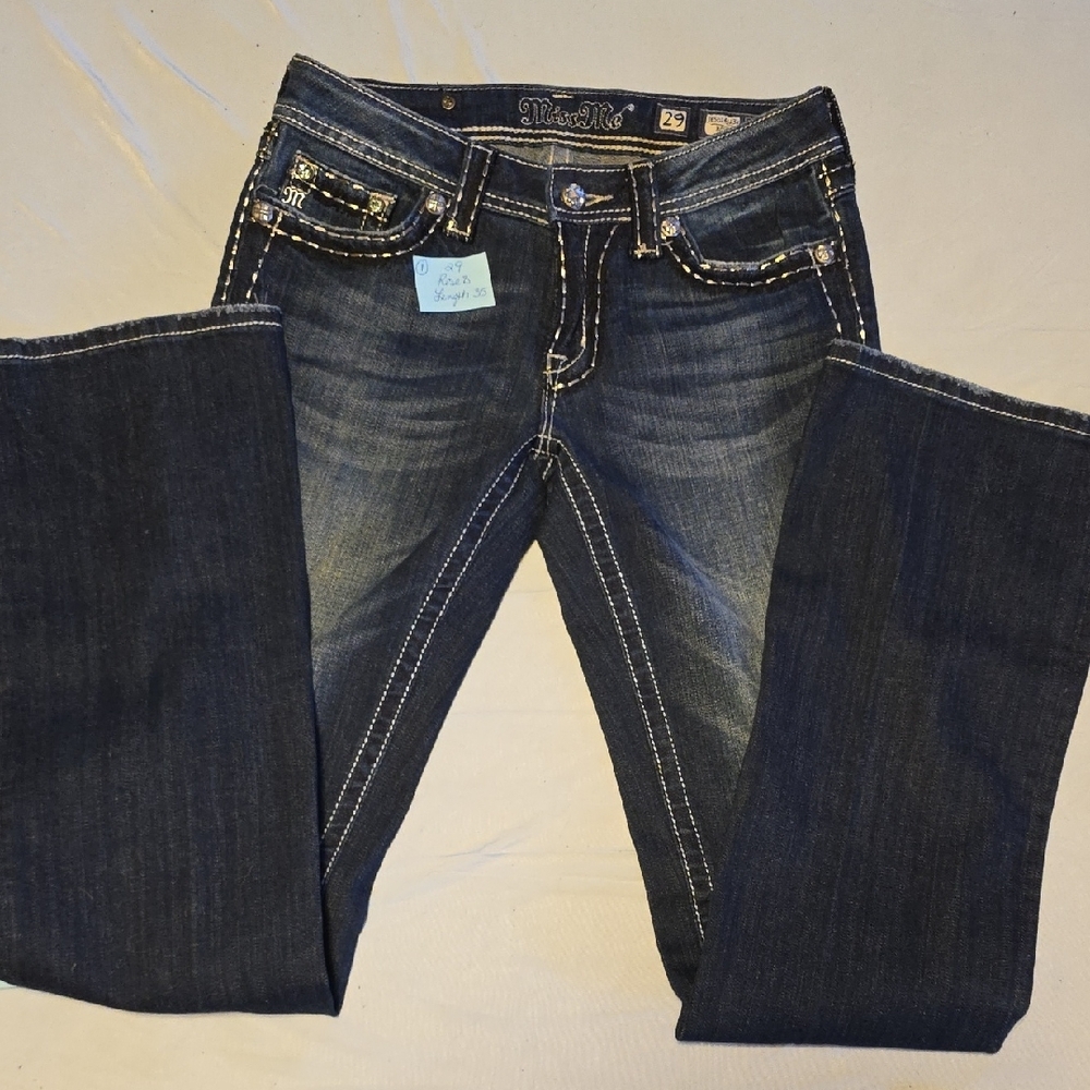 Miss Me Boot Cut Blue Jeans with Distressed Detailing